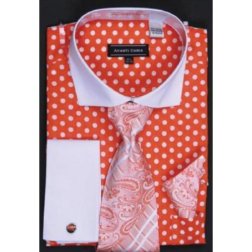 Avanti Uomo Orange Polka Dot Design 100% Cotton Shirt / Tie / Hanky Set With Free Cufflinks DN47M